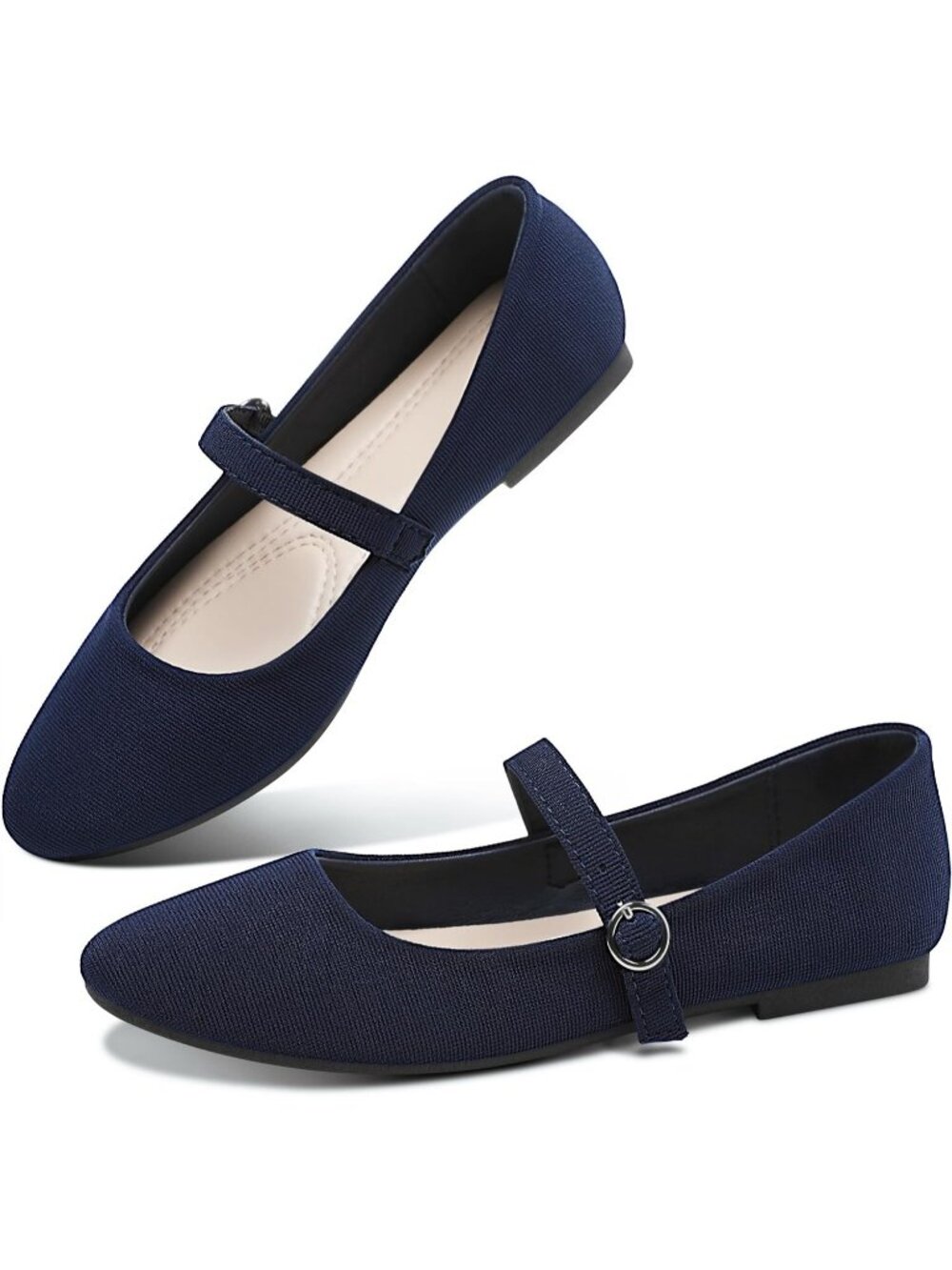 Women's Navy Mary Jane Round Toe Ballet Flats Classic Strap Dressy Fabric Shoes